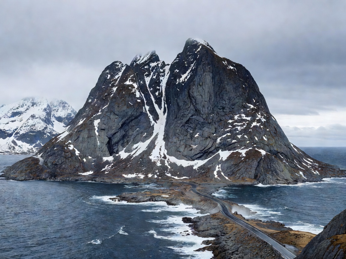 Rugged jagged mountain peaks rising directly from Arctic sea waters along Lofoten E10 road